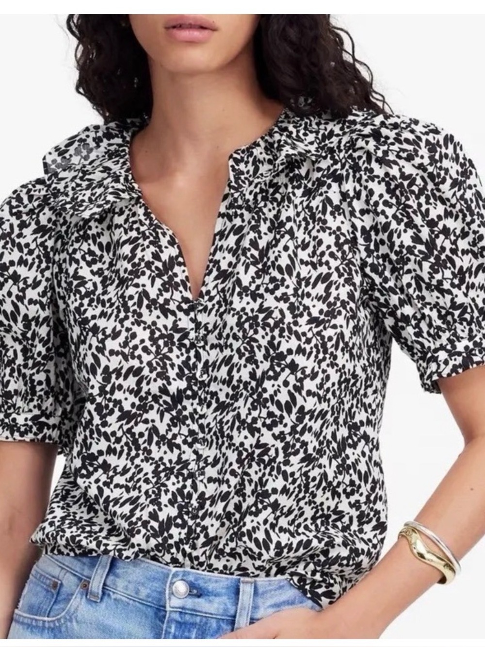 Madewell Black & Cream Floral Puff-Sleeve Blouse